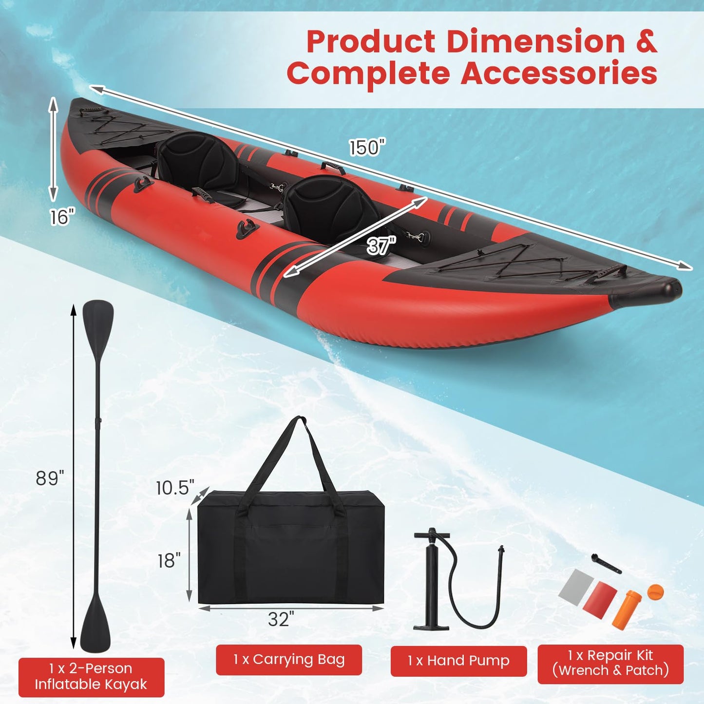 GYMAX 12.5FT Inflatable Tandem Kayak Set – 2 Person Fishing & Touring Kayak, 507lbs Capacity, Red