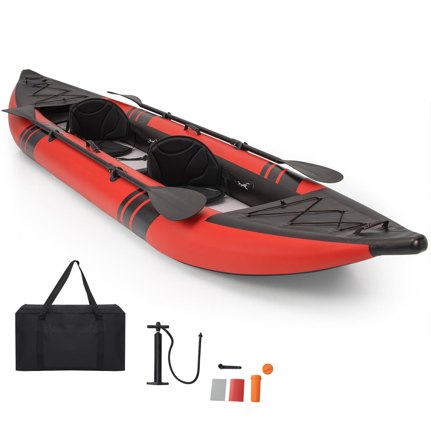 GYMAX 12.5FT Inflatable Tandem Kayak Set – 2 Person Fishing & Touring Kayak, 507lbs Capacity, Red