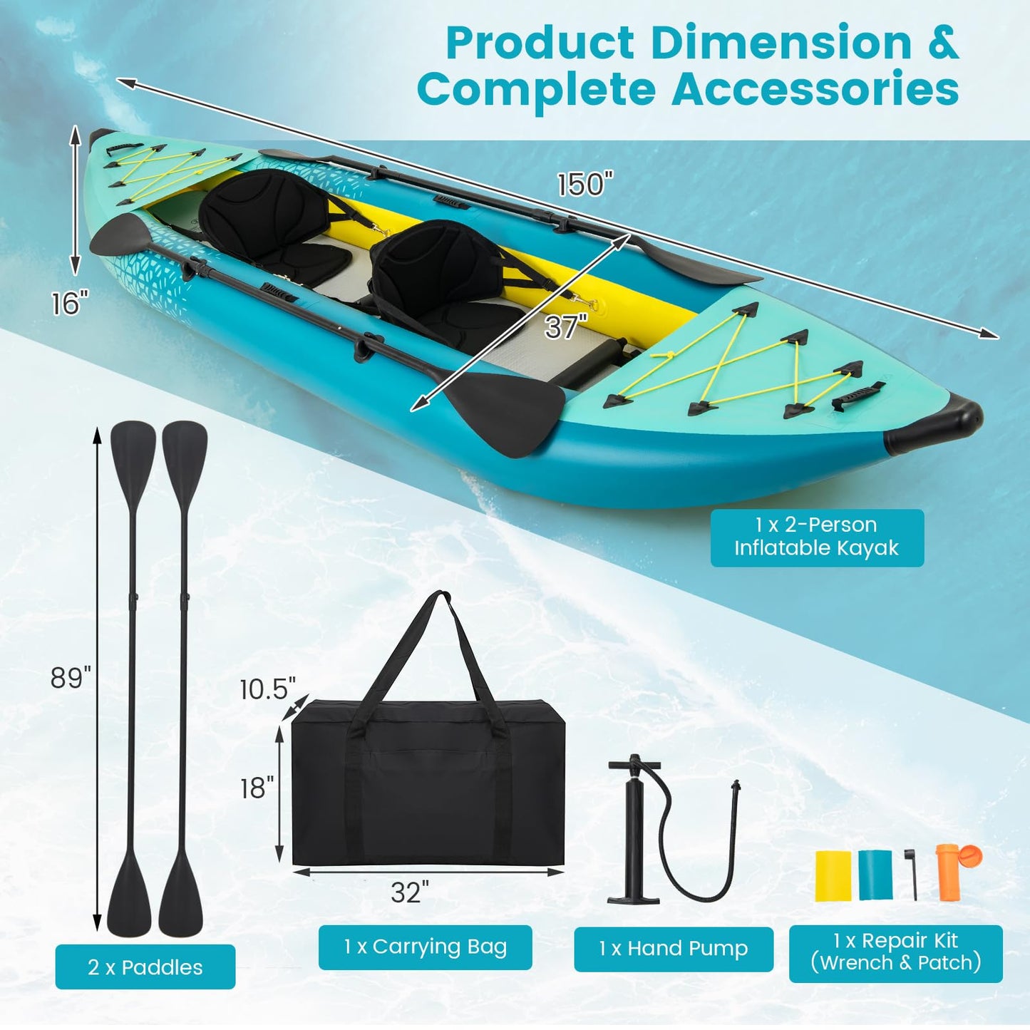 GYMAX 12.5FT Tandem Inflatable Kayak for Fishing & Touring – Green