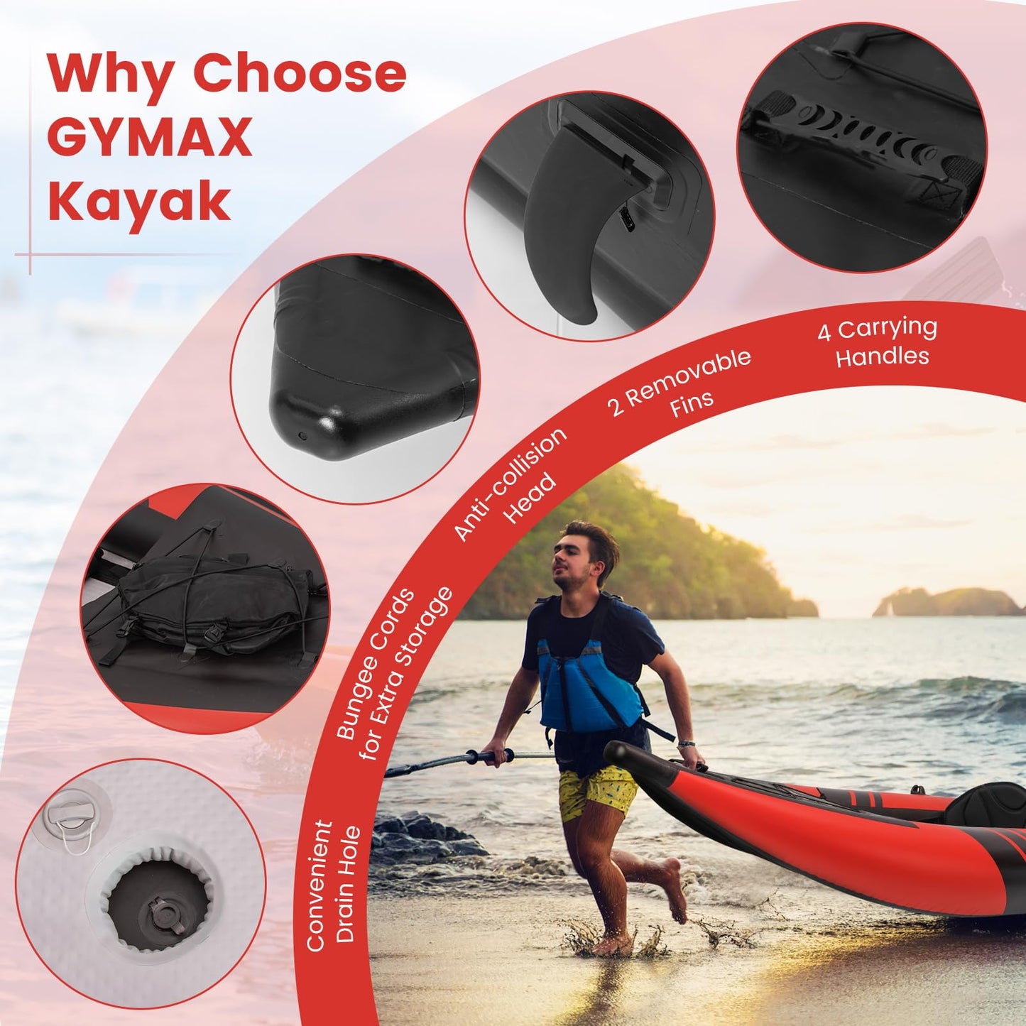 GYMAX 12.5FT Inflatable Tandem Kayak Set – 2 Person Fishing & Touring Kayak, 507lbs Capacity, Red