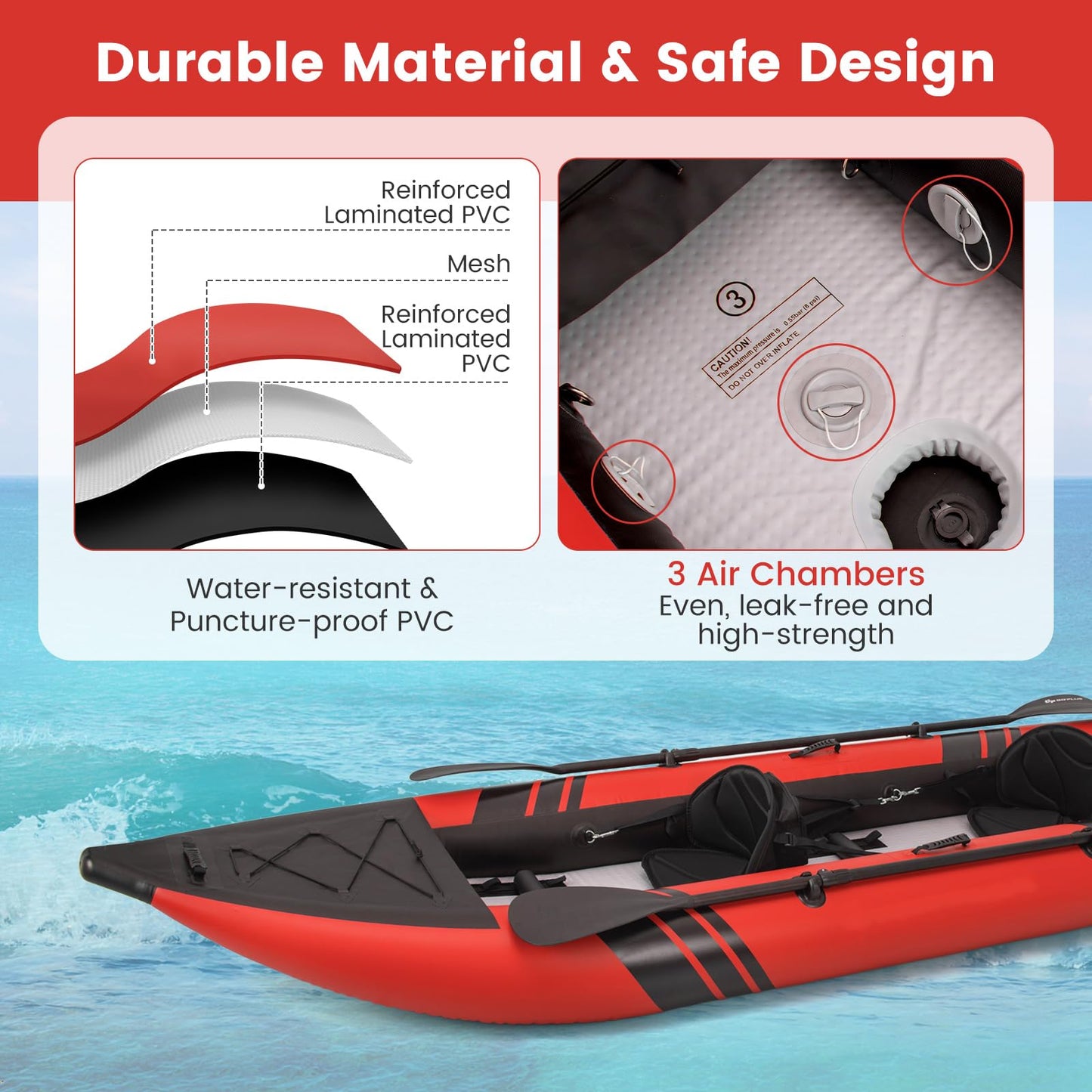 GYMAX 12.5FT Inflatable Tandem Kayak Set – 2 Person Fishing & Touring Kayak, 507lbs Capacity, Red