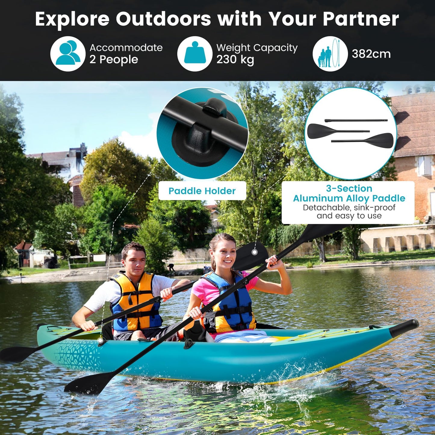 GYMAX 12.5FT Tandem Inflatable Kayak for Fishing & Touring – Green