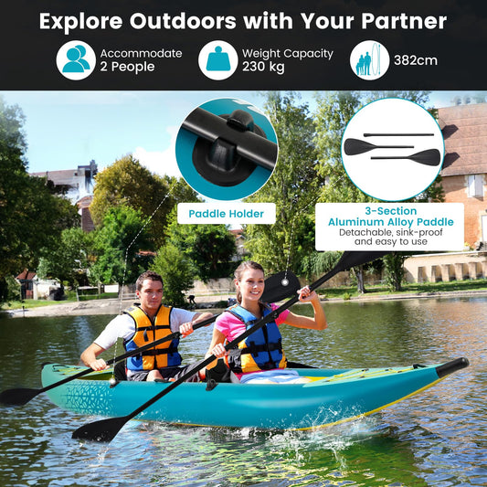 GYMAX 12.5FT Tandem Inflatable Kayak for Fishing & Touring – Green