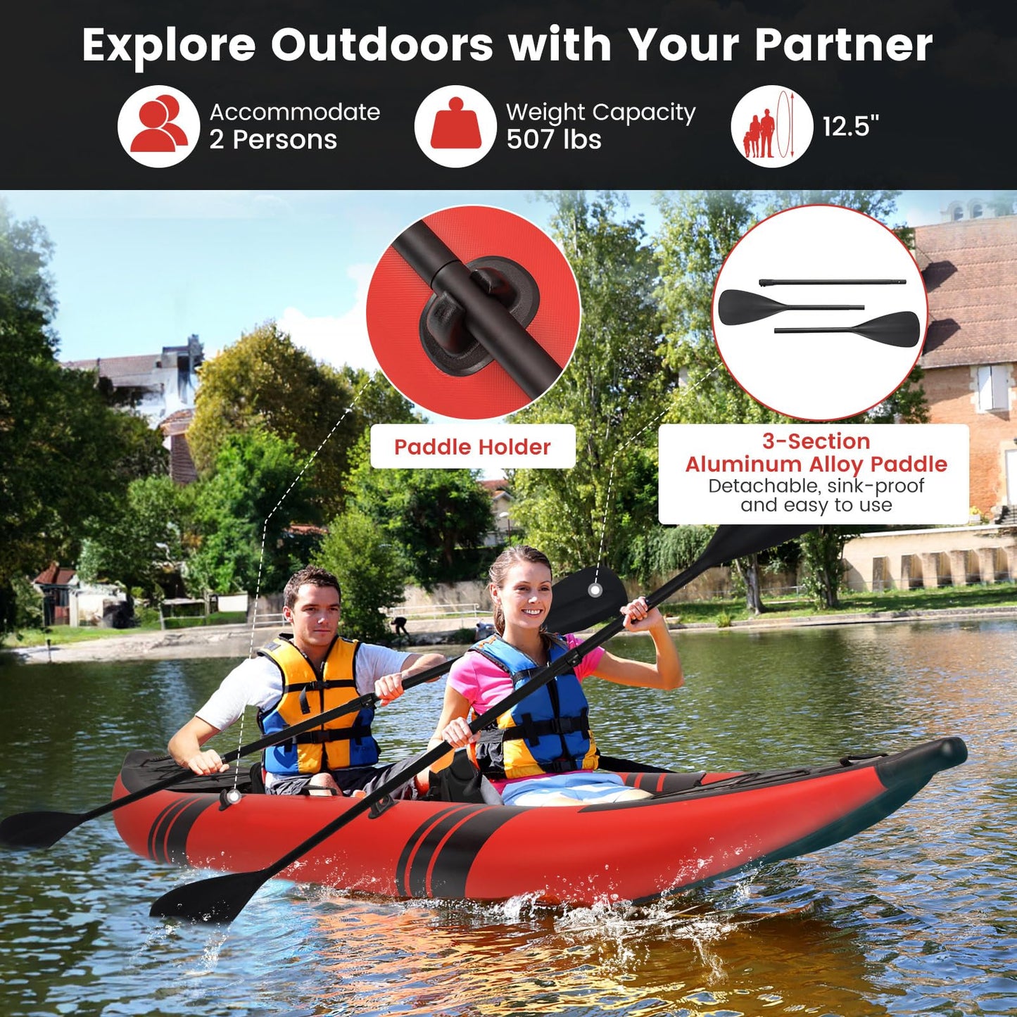 GYMAX 12.5FT Inflatable Tandem Kayak Set – 2 Person Fishing & Touring Kayak, 507lbs Capacity, Red