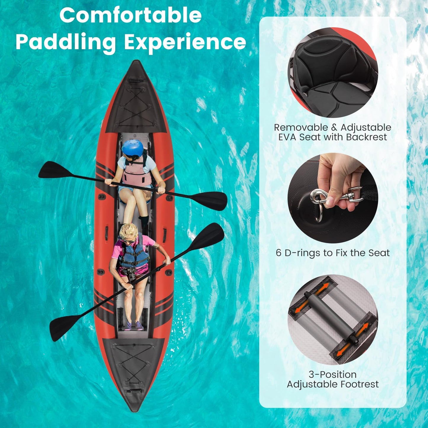 GYMAX 12.5FT Inflatable Tandem Kayak Set – 2 Person Fishing & Touring Kayak, 507lbs Capacity, Red