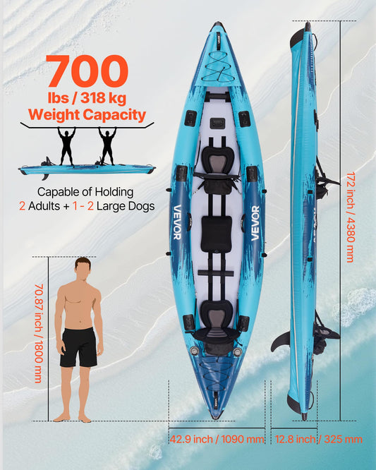 VEVOR 14.4FT Extra-Large 2-Person Inflatable Family Kayak – 700LB Capacity
