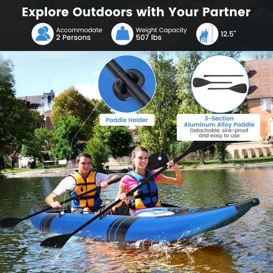 GYMAX 12.5FT Tandem Inflatable Kayak with Footrests – Blue