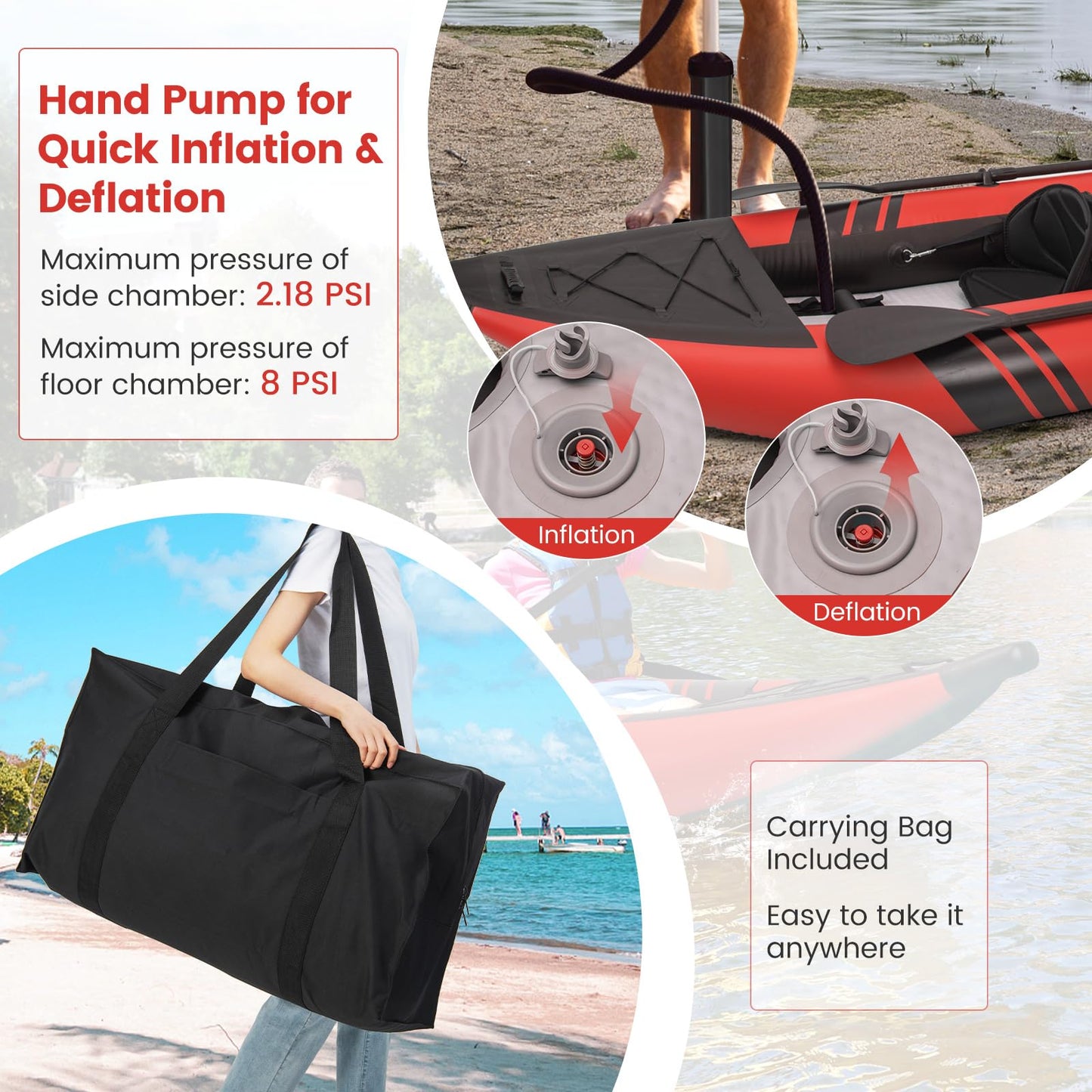 GYMAX 12.5FT Inflatable Tandem Kayak Set – 2 Person Fishing & Touring Kayak, 507lbs Capacity, Red